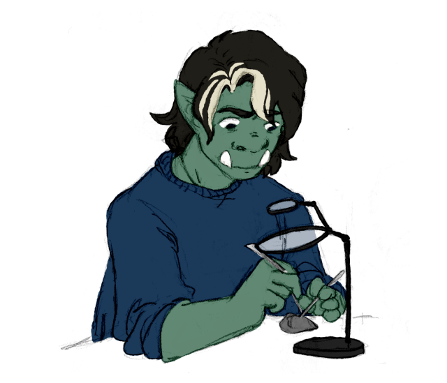 tinkerer gorgug what will he build next [ID: a portrait of gorgug from fantasy high. gorgug is a half-orc with green skin,...