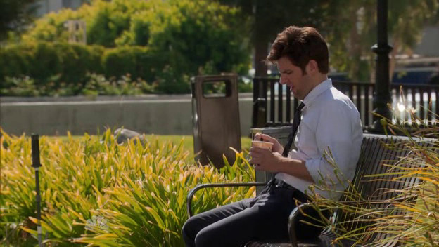daenerysknope: Steal his style: Ben Wyatt sitting on a bench eating soup alone. Burberry