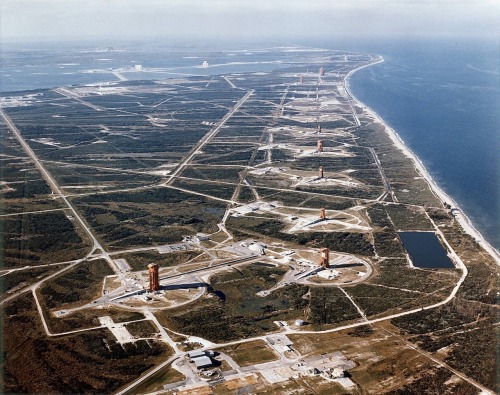 nasahistory:The many launch sites at the Kennedy Space Center. Not sure of the date of this photo. b