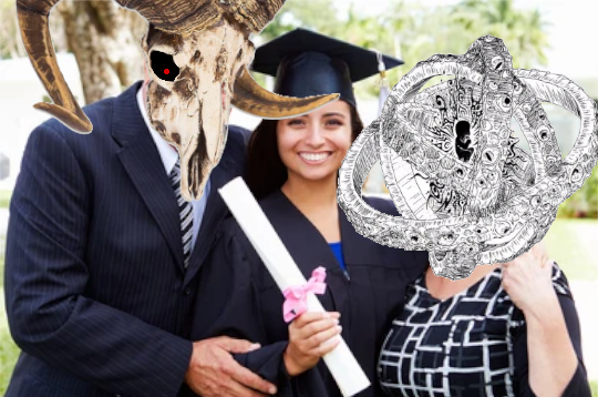 A photo of a person with long dark hair on their graduation day. On either side of them are their parents, one of which is edited to have a ram's skull with demonic red and black eye sockets as a face, and the other which has an ophan angel for a face.