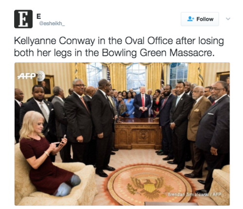 People are mad because Kellyanne Conway had her feet on the couch during Trump’s meeting with HBCU l
