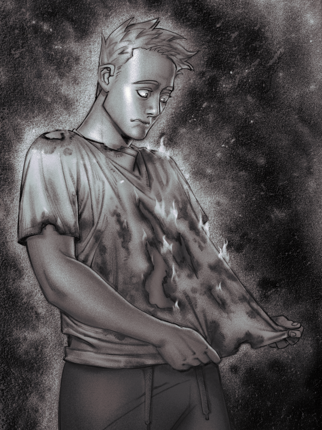 A greyscale illustration of a young man with shortly cropped hair holding out the front of his shirt to inspect the burnt marks and holes in it. His face is one of disbelief. Some parts of his shirt still burn with small embers.