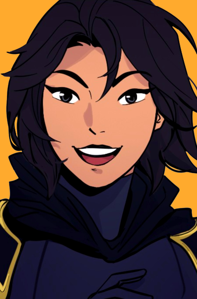 A close up of Cassandra Cain as Orphan against a yellow background. She's not wearing her hood so we can see her huge grin.