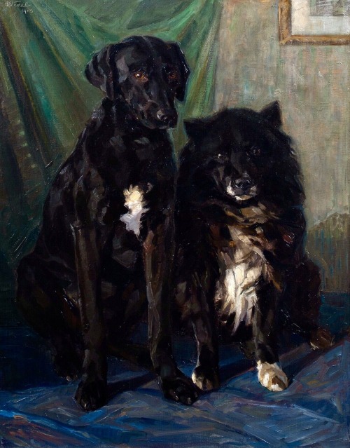 Large Oil On Canvas Interior Painting Of A Black Labrador And Collie From The Early 20th Century. A Large-scale,