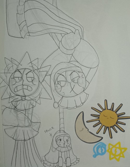 A picture of Moon hanging from his back hoop for the wire to be connected, Moon looks to Sun smugly as Sun looks irritated by his brother, his rays spin from anger.