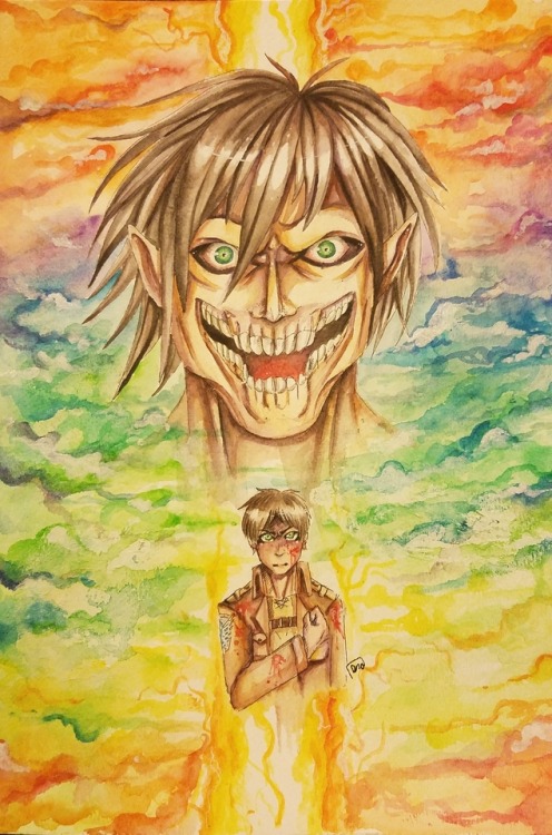 A picture I made for my brothers birthday. Titan eren and normal eren. This painting gave me a menta