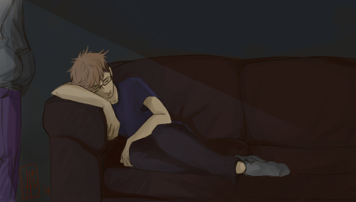 hachidraws:  Eren has been out on a solo job for weeks on end, and gets home a couple days early to find Jean asleep on the couch. (courtesy of Kenji from twitter earlier today)