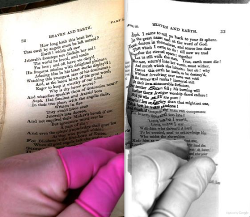 Employee’s fingers and digital crumple.
From p. 32-33 of Heaven and Earth: A Mystery by Lord Byron (1842). Original from Harvard University. Digitized January 15, 2009.