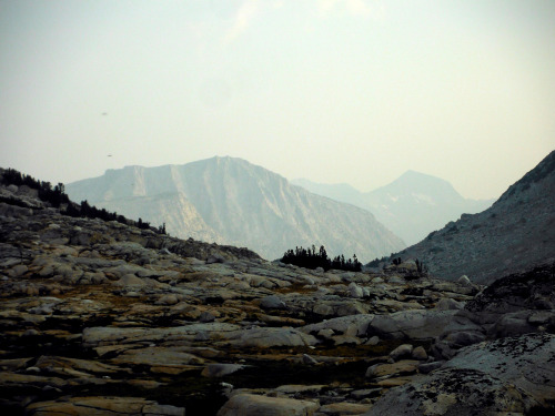 There is smoke in the air. Must be a fire burning. Pinnacles Lakes Basin, John Muir Wilderness, Sier