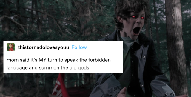 adam young in the forest. his eyes are glowing red and he's floating off the ground and shouting angrily. a text post next to him reads: mom said it's *my* turn to speak the forbidden language and summon the old gods