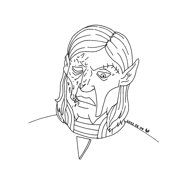 A line drawing of an alien man with chin-length hair and a huge scar taking up half of his face.