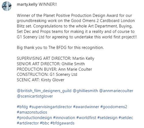 Good Omens Won The THE 13TH BRITISH FILM DESIGNERS GUILD PRODUCTION DESIGNAward In The BEST PRODUCTION