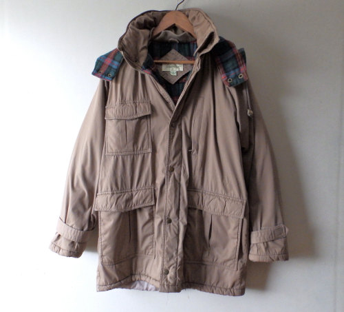 littlevisionsthrift: Vintage Tan/Plaid Flannel Parka - Adjustable Waist/Detachable Hood - Size Men&r