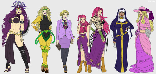 btanselanoican:HERE’S MORE JJBA GENDERBEND STUFF featuring the villians! Also a bonus doodle of Fem!