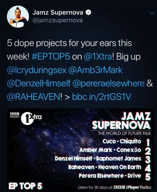 massive THNXXX to @jamzsupernova and @bbc1xtra for putting me in the #EPTOP5 !!!! means so much to m