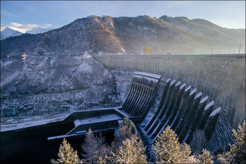 The Sayano–Shushenskaya Dam on Yenisei River, Khakassia, Russia. December 2013.