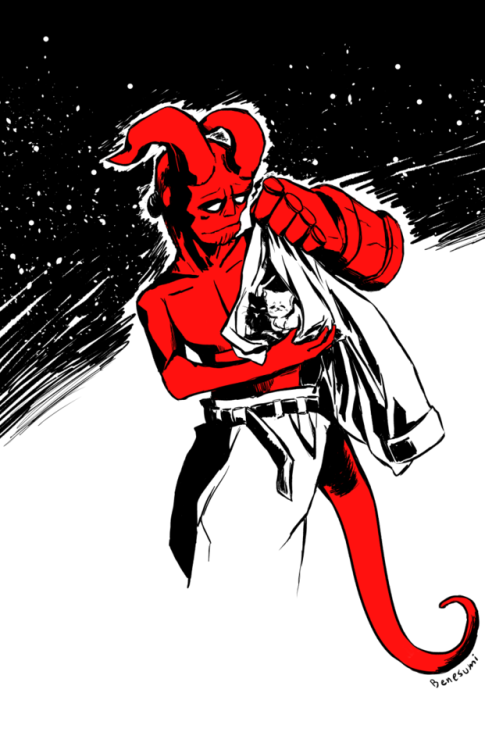 Alternate version of Hellboy helping out stray kittens from the cold. Happy Holidays/Winter/etc ever