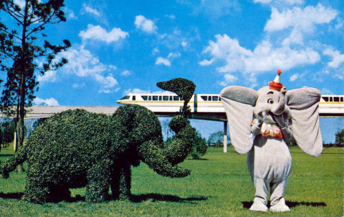 welldressedanddisneyobsessed: dumbo and an elephant topiary at disney world, 1970s by tom simpson