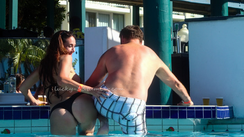 lucky-33: Feb 2016 Nassau, Bahamas.  Resort Pool This guy saw me taking pictures of M and decided to do a little modeling of his own. As you can see M had some fun with it. Turned out to be a really cool and fun guy. We drank and talked with him and