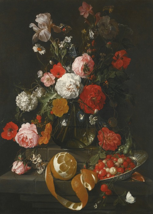 laclefdescoeurs: A Still Life of Roses, Poppies, Lillies and Other Flowers in a Glass Vase on a Marb