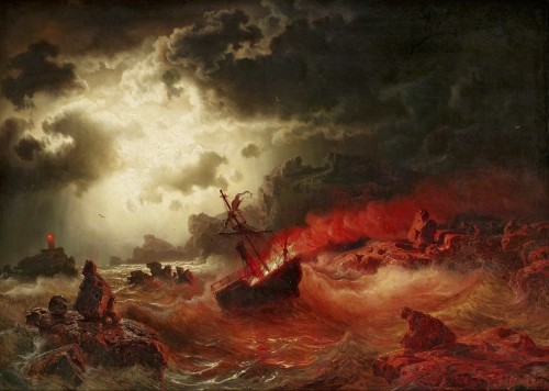 post-impressionisms:Nocturnal Marina with Burning Ship, Marcus Larson, nineteenth century. Swed