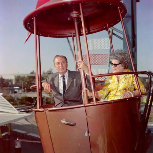 Walt and Lillian on the Skyway over Tomorrowland! Autopia and Monorail beam visible in the backgroun