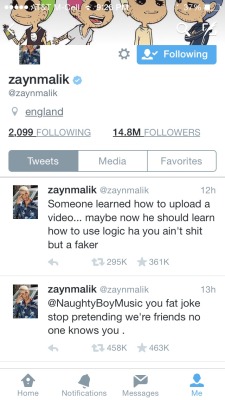 Can We Talk About Zayn   So I’m not going to defend Naughty boy because I still think he is a dick but I’m not going to defend Zayn because what he said was fuck up in so many ways like I would never say that someone is a fat joke. I can admit that