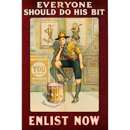 The original poster inspiration for the drawing. It’s a WW2 era poster of a young boy with the text: EVERYONE SHOULD DO HIS PART, ENLIST NOW.