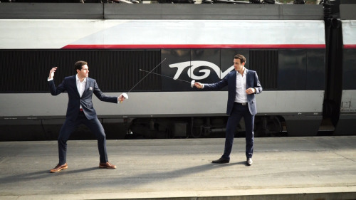 modernfencing:  [ID: two men in suits fencing with epees in Paris.]lejournaldesjo:  Gauthier Grumier and Ronan Gustin , french fencers in Paris for the Challenge SNCF Reseau in Paris