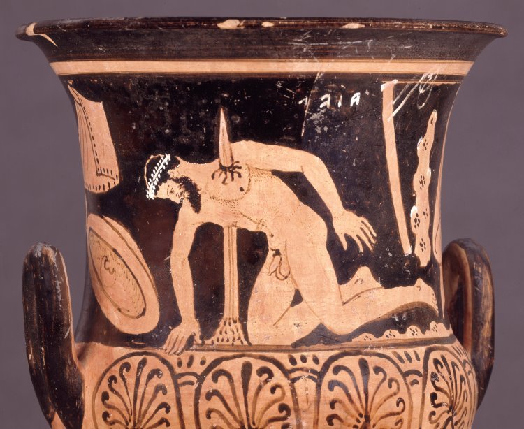 ancientpeoples:  Pottery: red-figured calyx-krater (wine-bowl).Designs red on black