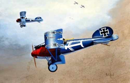 1917 Jasta 18 on the Hunt - Peter RobichaudDepicting Josef Veltjens with arrow motif and Paul Strahl