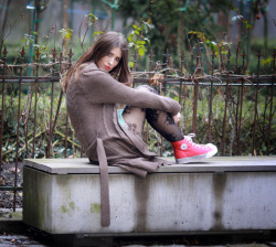 pantyhoseparty:  Monika in floral print tights, light brown wool coat and bright red sneakers