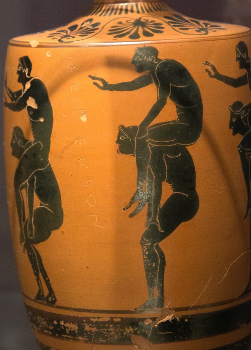 Youths playing the ephedrismos game.  Attic black-figure lekythos, attributed to the Edinburgh Paint
