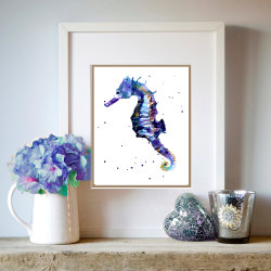 watercolorsforlandlubbers:  Watercolor Seahorse print, Blue Seahorse Illustration, ready to frame, 8x10 print