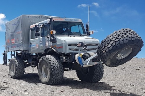 burninghydrocarbon:  Highest altitude reached for a wheeled vehicle: A new world record was set by two Mercedes-Benz Unimogs ( Both models U-5023 ) at Ojos del Salado, Chile. They were part of an expedition that climbed the Ojos del Salado volcano to