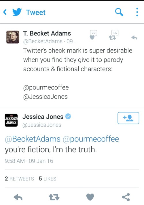 bethanyactually:  jessicajones:piccolina-mina:Whomever runs the Jessica Jones twitter handle is sassy af, and reading it is a religious experience. 😂Drinking + Twitter = this. In between cases, obviously.NEW. FAVORITE. TWITTER.