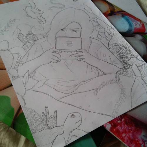 #drawing #art #girl #playing #underwater with #turtles