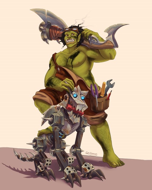 Pinup commission of Bamm and his mechanical wolf Boomer, from the Orcs of the Red Blade guild!  Comm