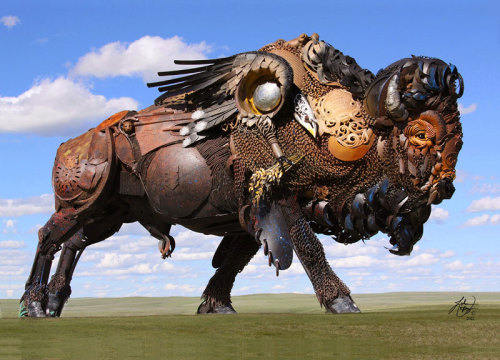 iwanttoberecycled:  archiemcphee:  South Dakota-based artist John Lopez (previously featured here) creates awesome life-size sculptures of animals by welding together pieces of scrap metal, often pieces of abandoned farm machinery collected from local