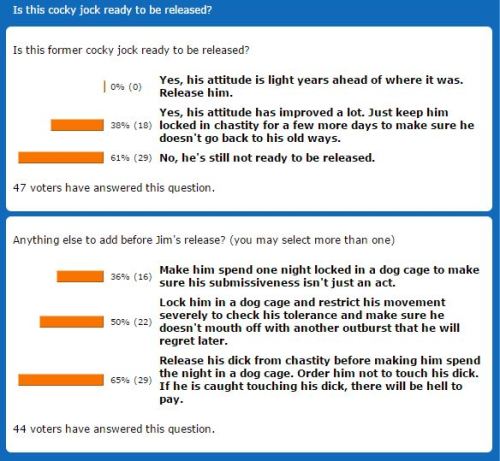Story Saturday poll resultsThanks to all of you who voted in the Story Saturdays poll this week. From your votes this week, it looks like the cocky jock needs to be put to the test to see what he’s learned. But will his will power help him out, or