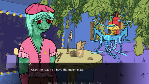  Here’s more from the visual novel I’m making: a melon person orders melons at a restaur