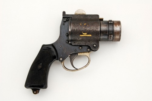 World War II British Webley No. 4 Mark I flare pistol.