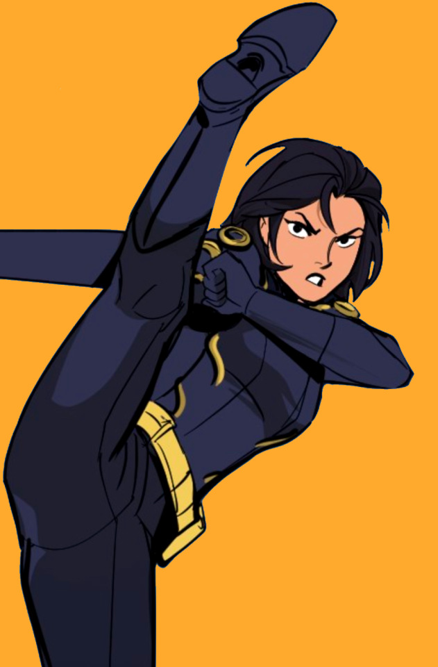Cassandra Cain as Orphan against a yellow background. She's not wearing her hood. She's kicking very high.