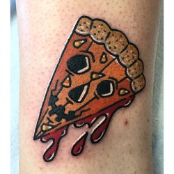 fuckyeahtattoos:  Pumpkin pizza with bloody gravy topped with candy corns by Chris Mesi in NJ  -chrismesi.com-