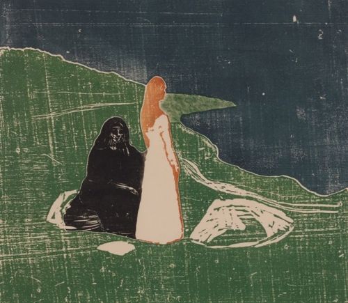 nobrashfestivity:Edvard Munch, Iterations of Two Women on the Shore,1898, Woodcut printed in colors.