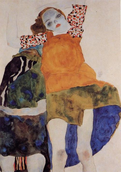 artist-schiele: Two Seated Girls by Egon SchieleMedium: watercolor on paper