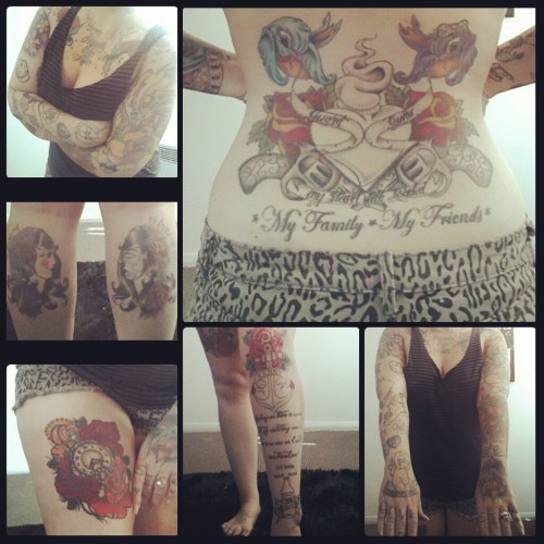 mrs-mayhem13:  Tried to get some shots of my tattoos so far… still didn’t manage to get them all…  I’m missing photos of my neck/throat, both feet, the backs of my thighs and under my butt…. I will have to make another collage at a later date…