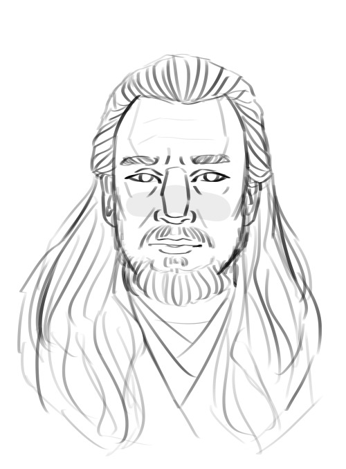 But what if Qui Gon had a mullet, I hear you ask(Click for better quality ‍♀️)[ID: Seven sketches of