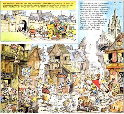 A ribald medieval street scene by Co Loerakker (previously), panel from “Van Nul tot Nu” (”From Zero