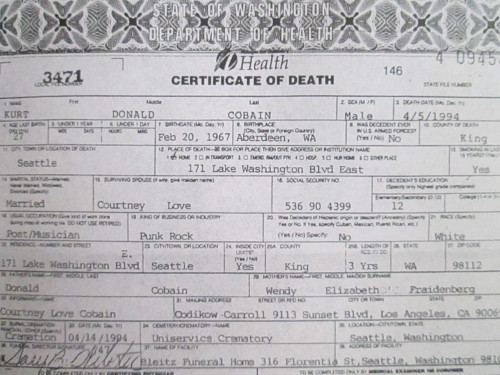 weirdnerdworld:  Kurt Cobain’s death certificate. 